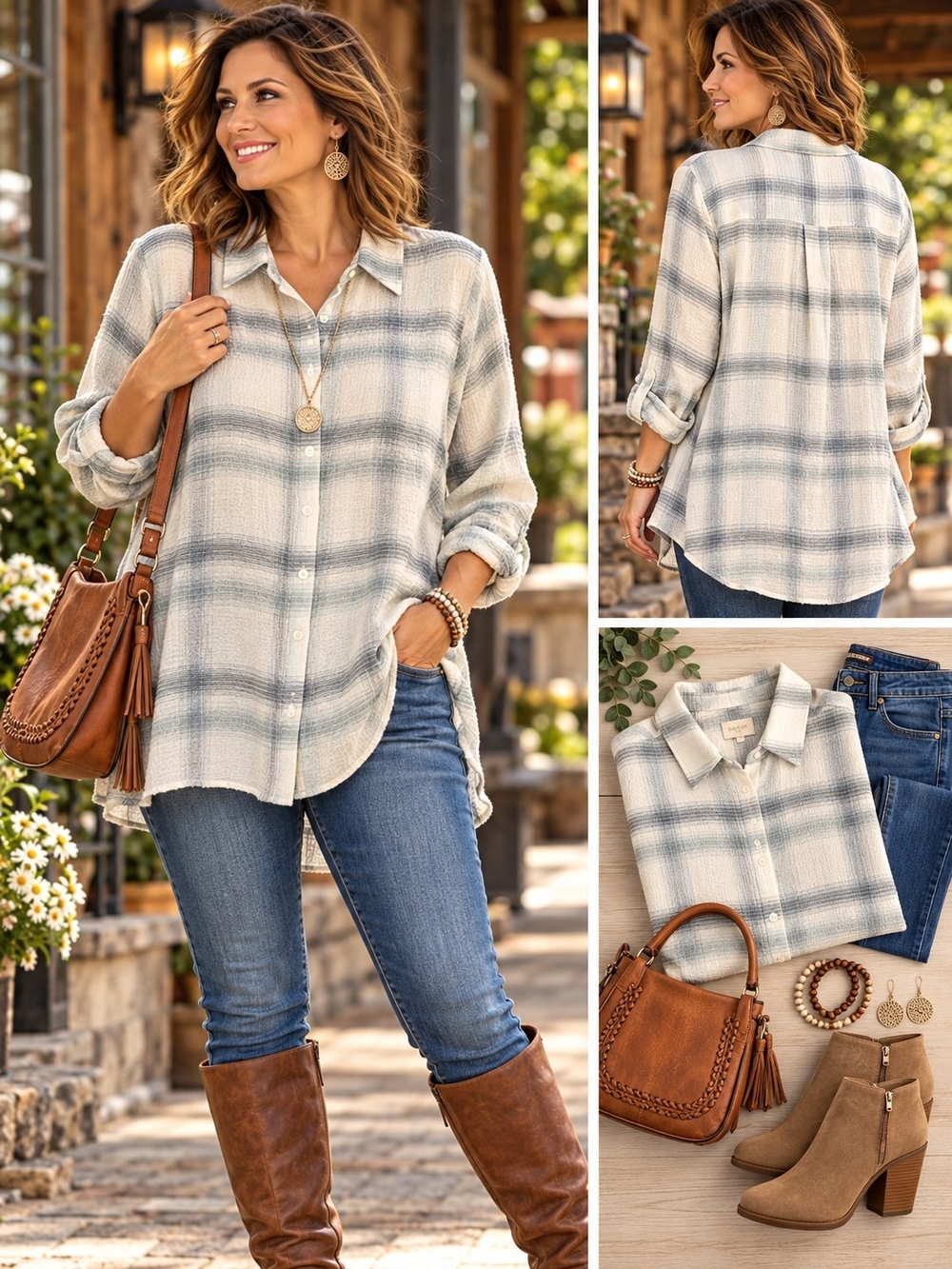 Philosophy Women’s 1X Ivory Gray Plaid Button Front Shirt Tunic NWT
